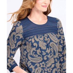 Daniel Rainn Blue Paisley Lattice Trim Knit Top  Womens M $69 NWT